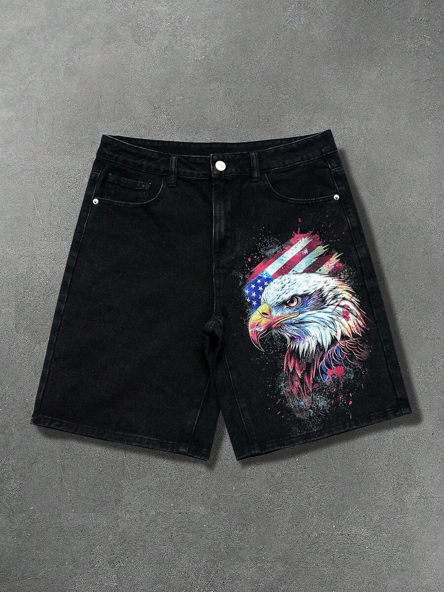 Manfinity EMRG Quần short denim nam phong cách đường phố Mỹ casual, màu đen wash, in hình đại bàng Ngày Độc lập - màu đen - Xem 1