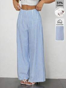 Pantalones de pierna ancha de textura de cintura alta, de estilo casual y sencillo, apropiados para ir a la escuela o para ir y venir al trabajo - Azul - Ver 3