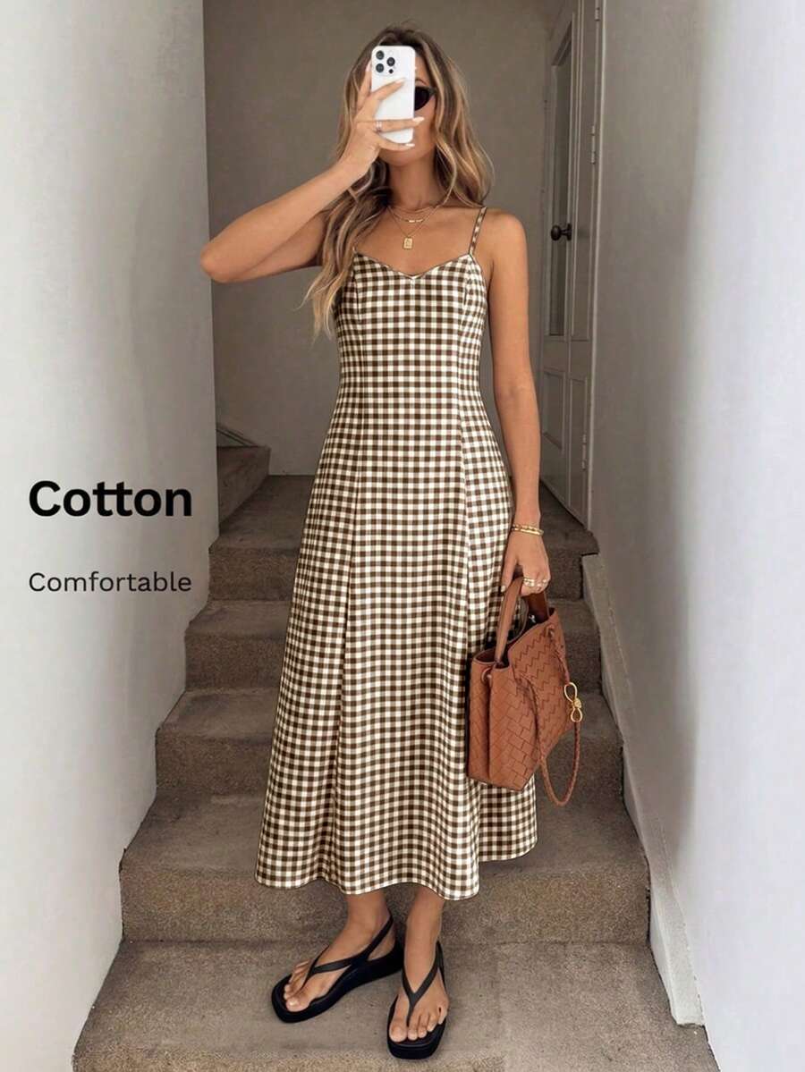 Easowa Women's Plaid Casual Commuter Strap Long Dress - Brown - View 1