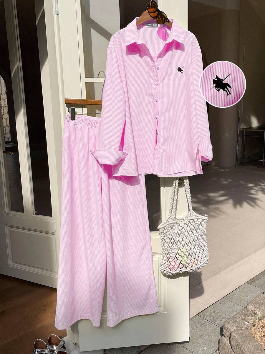 SHEIN EZwear Plus Size Pink Long Sleeve Button Front Casual Striped Shirt Fall