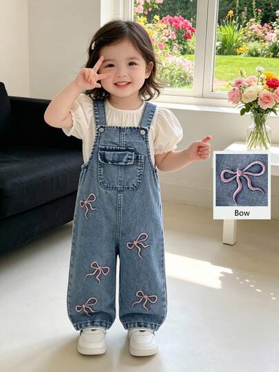 Quần yếm denim kiểu vintage cho bé gái, màu xanh denim nhạt cổ điển với họa tiết nơ thêu, hiệu ứng mài bạc, ống quần rộng thẳng, chất vải mềm mại và thoải mái, đa năng cho mặc hàng ngày, đi học, đi làm, đi nghỉ mát, dự tiệc và nhiều dịp khác.