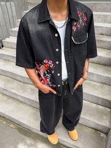 GALLERY FADE Men's Koi Fish Embroidered Denim Shirt, Japanese Streetwear Casual, Summer Outerwear - Black - View 6