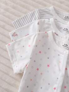 [2pcs/Set] Newborn Soft & Comfortable Romper Pajamas, Heart & Floral Print, Short Sleeve Footed Design - Multicolor - View 3