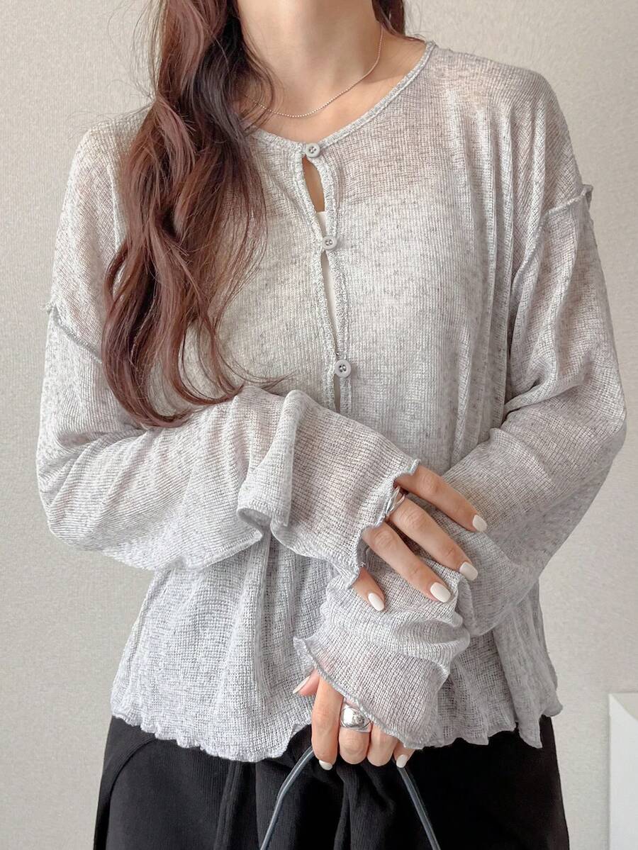 FRIFUL Women's Solid Gray Round Neck Long Sleeve Ribbed Trim Button Decor Loose Casual T-Shirt, Suitable For Autumn - Light Grey - View 1