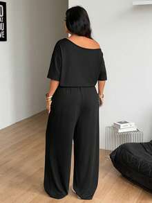Coolane Women's Plus Size Summer Fall Streetwear Minimalist Casual Basic Daily Wear Open Shoulder Wide Leg Black Jumpsuits Vacation Halloween - Black - View 6