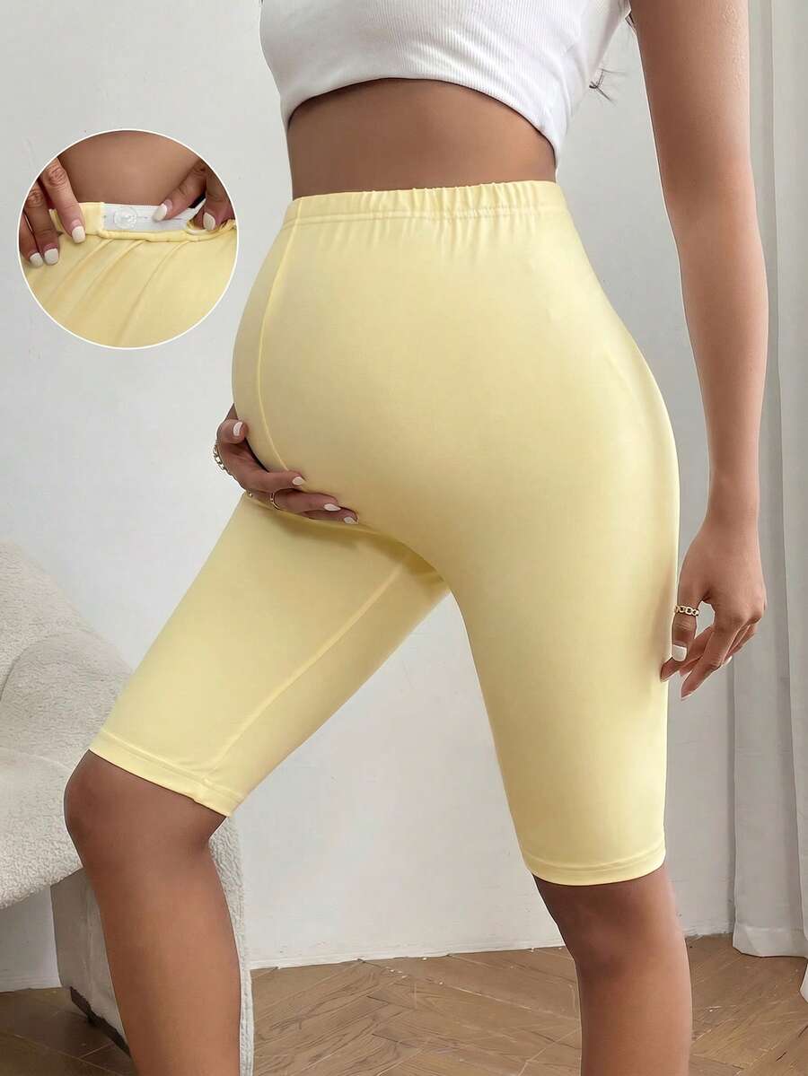 SHEIN Maternity Solid Color Adjustable Waist Casual Versatile Daily Wear Leggings - Butter Yellow - View 1