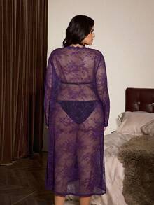 Slumberist Jubah Panjang Lengan Panjang Seksi Berenda Transparan Ukuran Besar dengan Tali Pengikat - Purple - View 2