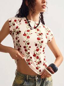 Bohemela Women's Floral Print Round Neck Short Sleeve T-Shirt - Yellow - View 2