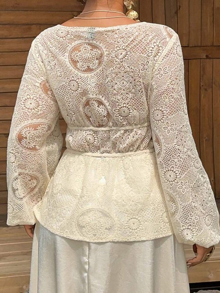 Dazy Plus White Lace Hollow Blouse For Women,Plus Size Summer Boho Beach Holiday Shirt,Fashionable Cropped Design With Front Tie,Slim Fit Parties Wedding Top