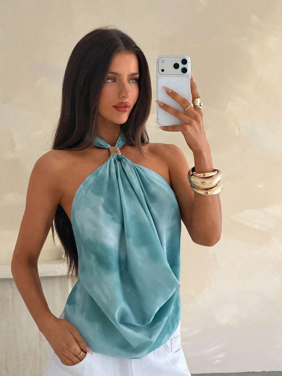 Aloruh Women's Backless Halter Top,Dusty Blue Chic Metal Decorative Buckle Shoulder Top,Summer Autumn Vacation New Year's Eve Summer Halter Neck Top - Multicolor - View 1
