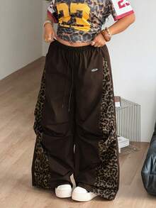Coolane Women's Men's Plus Size Fall Streetwear Cowboy 90s Y2k Casual Oversize Leopard Print Patchwork Elastic Waist Wide Leg Pants Chocolate Brown Fall - Coffee Brown - View 3