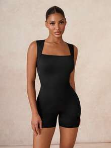 1pc Lumalex Comfortable Fabric & Fashionable Design Sexy Minimalist Solid Color Wide Strap Jumpsuit, Specially Made For Women, Suitable For Airport Outfits And Gym Workouts, Slim-Fit Style To Showcase Female Physique, Ideal Choice For Women's Gym Exercises - Black - View 11