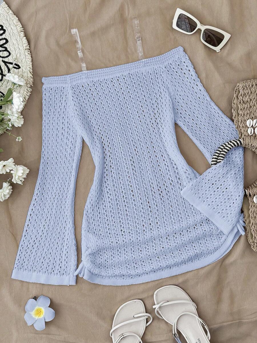 SHEIN Teen Girls Off Shoulder Knot Side Cover Up Dress Without Bikini, Summer Beach Vacation Dress With Ruched Butterfly Tie Design - Blue - View 1