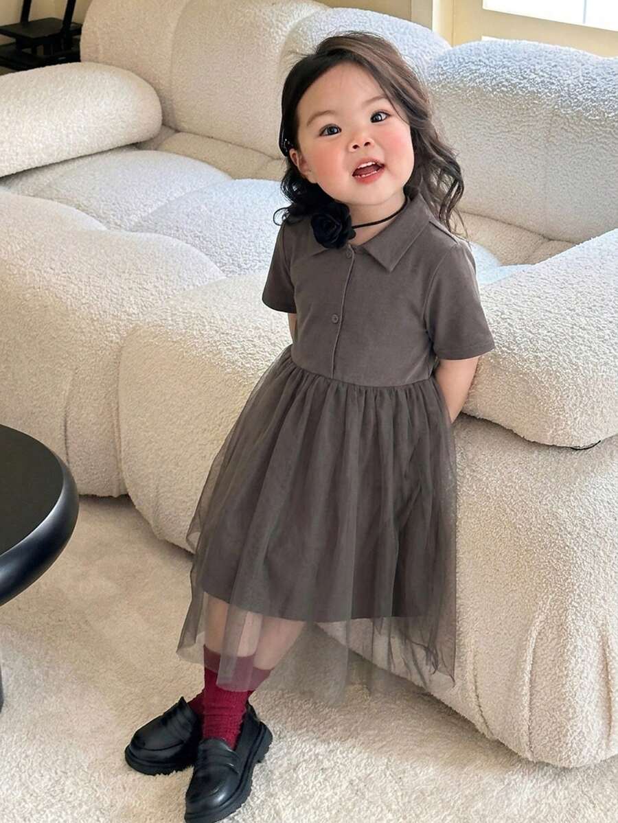 Dazy Kids 女嬰圓領休閒網布拼接中長洋裝 夏季幼兒 - 灰色 - 查看 1