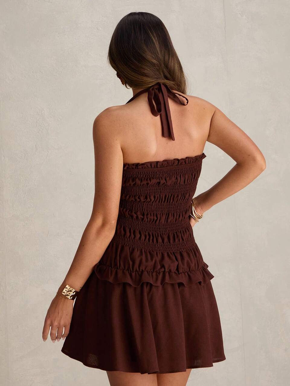 Enchnt Women's Summer Elegant Dark Brown Linen Ruched Pleated Fitted Mini Dress, Boho Vacation Beach Dinner Party Holiday Dresses For Date Outfit