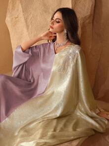 Al Najma Middle Eastern Style Elegant Batwing Sleeve Patchwork Jacquard Dubai Turkey Abaya Dress, Slimming - Baby Pink - View 7