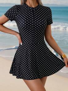 Swim Shayni Áo tắm Burkini nữ kiểu dáng thường ngày, họa tiết chấm bi, có khóa kéo, thích hợp cho kỳ nghỉ biển. - Đen và trắng - Xem 4