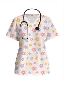 PopScrub Colorful Floral Print V-Neck Short Sleeve Patchwork Pocket Scrub Uniform Top - Multicolor - View 1