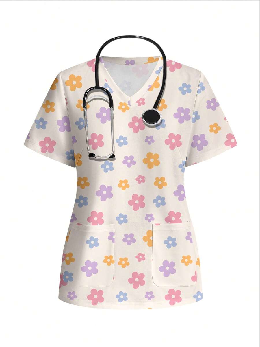PopScrub Colorful Floral Print V-Neck Short Sleeve Patchwork Pocket Scrub Uniform Top - Multicolor - View 1