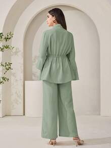 Veilorie Women's Stylish Sage Green Two-Piece Outfit With Ruffle Cuff Jacket And Wide Leg Pants - Green - View 3
