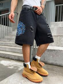 GALLERY FADE Black Washed Denim, Blue Floral Embroidered, Distressed Street Style Denim Shorts, Holiday - Black - View 7