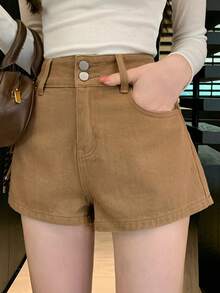 Joudiya 女款休閒卡其色牛仔短褲，春夏校園風 - 卡其色 - 查看 3