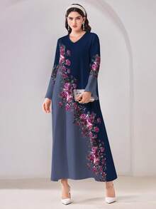 Al Najma Đầm phong cách Ả Rập cổ chữ V tay dài họa tiết hoa tối giản kín đáo thường ngày - Nhiều màu - Xem 2
