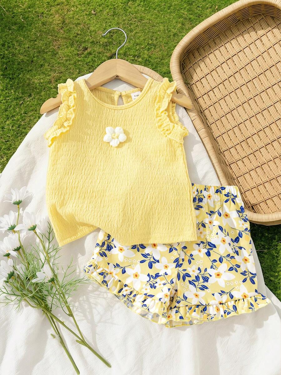 SHEIN Vintaside Kids Conjunto de chaleco y pantalones cortos de jacquard lindo para niñas, primavera/verano