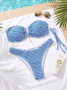 Swim Mod 2件組女款海灘套裝 時尚可愛度假風 適合海灘泳池派對 優雅圓點印花金屬鍊條掛脖上衣搭配性感比基尼泳褲套裝 - 彩色 - 查看 3