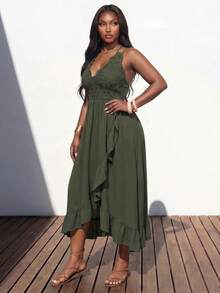 Truni Sometimesglam Plus Size Vacation Casual Patchwork Ruffle Trim Sleeveless Beach Dress Sundress, Holiday Outfits Boho, For Pear Triangle Body Shape, For Summer - Army Green - View 3