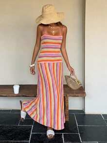 DAZY Summer Holiday Party Outfit Brown Spaghetti Strap Striped Bodycon Mid-Length Dress For Women Sundress Vacation - Orange - View 3