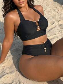 SHEIN Swim 大尺碼色性感極簡風泳衣套裝 - 黑色 - 查看 4