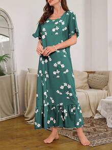 Serenescape Bubble Ruffle Hem Floral Print Long Nightgown - Green - View 6
