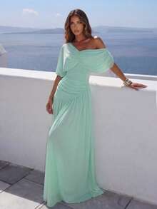 Elegante vestido de mujer verde menta de malla con fruncido, escote asimétrico sin hombros, línea A, estilo bohemio tropical, atuendo de verano para boda - Wasserblau - Ver 2