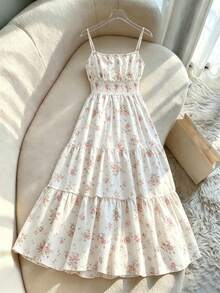 SHEIN White And Pink Summer Ditsy Floral Spaghetti Strap Maxi Dress,Casual Holiday Party Square Neck Waist Cinching Tiered Ruffle Elegant Girlish Charm - Multicolor - View 2