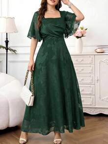 Amorya Women's Square Neck Green Elegant Long Dress With Short Sleeves, Summer Festival Outfits For Women Dress Green Dress - Green - View 5