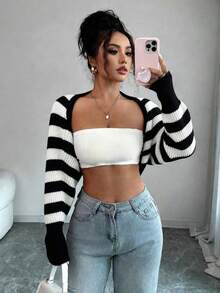 SHEIN Raffinéa Women's Striped Contrast Color Cropped Long Sleeve Cardigan - Black and White - View 5