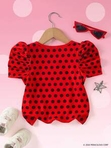Miraculous Ladybug X SHEIN Cartoon Character Polka Dot Print Square Neck Casual T-Shirt For Young Girl - Red - View 2