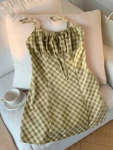 Comfortcana Plaid Spaghetti Strap Mini Dress For Women - Yellow - View 3