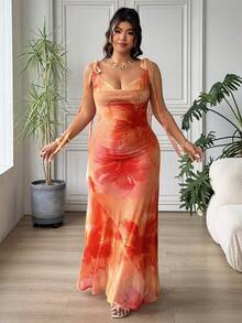 SHEIN EZwear Plus Size Women Floral Print Spaghetti Strap Dress, Vacation - Multicolor - View 1