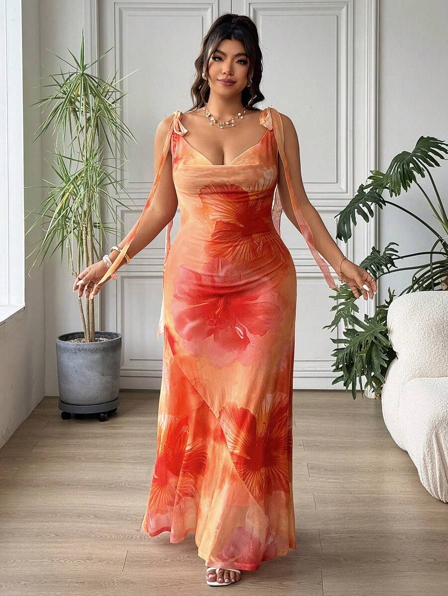 SHEIN EZwear Plus Size Women Floral Print Spaghetti Strap Dress, Vacation - Multicolor - View 1