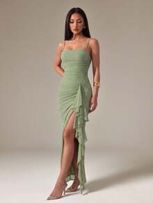 SHEIN PETITE Vestido camisola elegante de unicolor con volantes en el bajo, verano, vestidos para mujeres de verano, mujeres de talla pequeña - Verde - Ver 5
