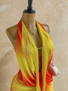 Soleia Women's Orange And Yellow Halter Backless Tassel Design Fashion Date Night Out Party Mini Dress Summer - Burnt Orange - View 3