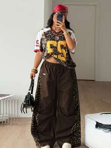 Coolane Women's Men's Plus Size Fall Streetwear Cowboy 90s Y2k Casual Oversize Leopard Print Patchwork Elastic Waist Wide Leg Pants Chocolate Brown Fall - Coffee Brown - View 2