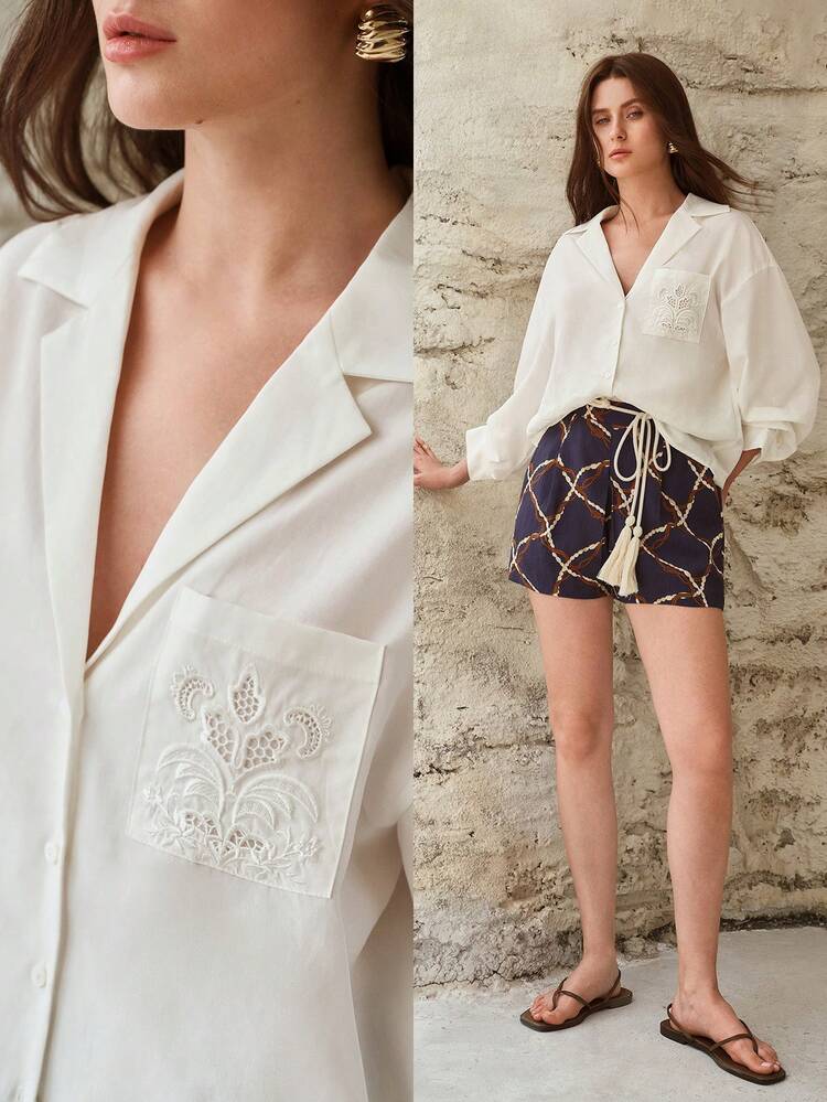 WOMEN'S LINEN EMBROIDERED DROP SHOULDER CASUAL SHIRT