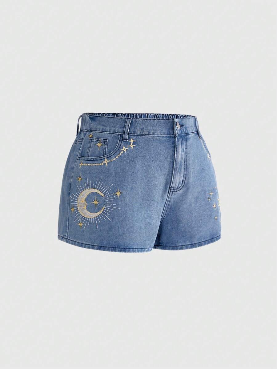 ROMWE Hippie Vintage Sun, Moon & Star Embroidery Pattern Skinny Plus Size Denim Shorts - Baby Blue - View 1
