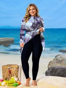 Swim Mulvari Traje de baño de dos piezas estilo modesto para mujer talla grande, manga larga y pantalones largos, estampado digital de concha marina, diseño con cremallera delantera, ropa de baño para fiesta en la playa y vacaciones - Multicolor - Ver 3