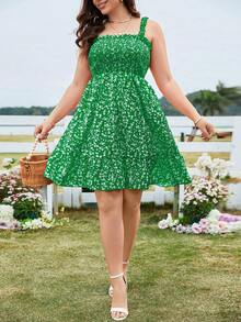 SHEIN LUNE Plus Size Printed Spaghetti Strap Dress With Ruffle Trim For New Year Clothes Vacation Mint Green Summer Boho - Green - View 5