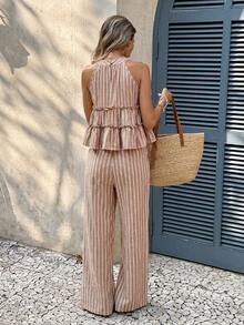 Conjunto de 2 piezas de top halter a rayas y pantalones casuales de vacaciones para mujer - Marrón 2 - Ver 2