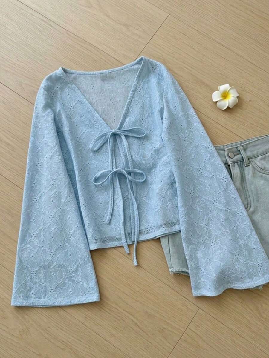 K-Vae Áo nữ dệt kim jacquard dáng suông, thắt nơ, tay loe, kiểu dáng thanh lịch, giúp tôn dáng. - Màu xanh lam - Xem 1